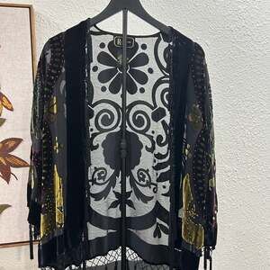 Burnout Velvet Silk Blend Tassel Fringe Kimono Small Sheer Beaded Whimsigoth